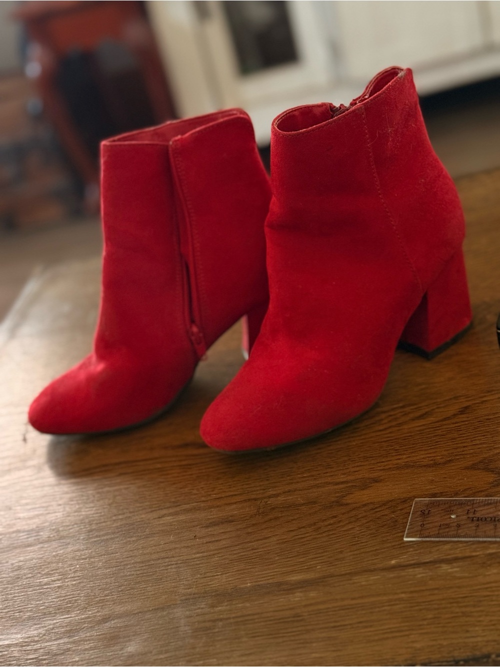 BAMBOO Red Suede Block Heel Ankle Booties